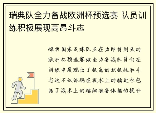 瑞典队全力备战欧洲杯预选赛 队员训练积极展现高昂斗志