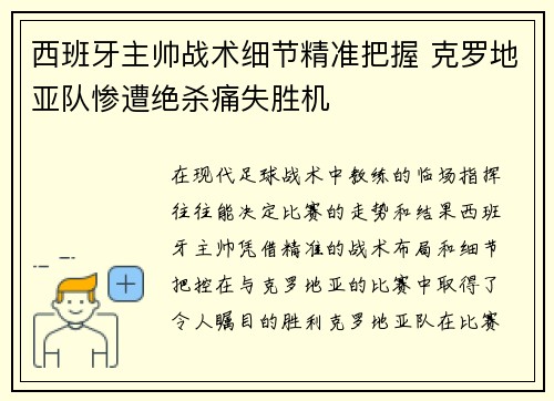 西班牙主帅战术细节精准把握 克罗地亚队惨遭绝杀痛失胜机