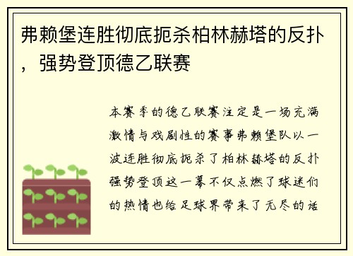 弗赖堡连胜彻底扼杀柏林赫塔的反扑，强势登顶德乙联赛