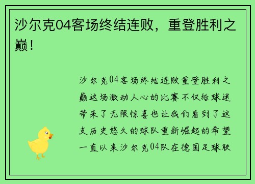 沙尔克04客场终结连败，重登胜利之巅！