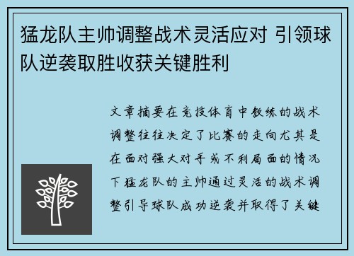 猛龙队主帅调整战术灵活应对 引领球队逆袭取胜收获关键胜利