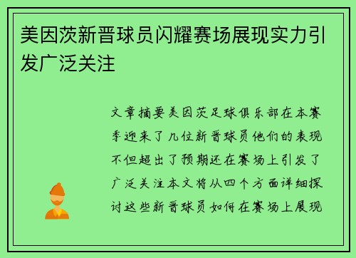 美因茨新晋球员闪耀赛场展现实力引发广泛关注